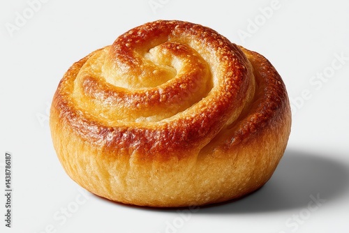 Golden swirl pastry with layered dough texture and baked shine isolated on clean white background in gourmet food presentation style photo