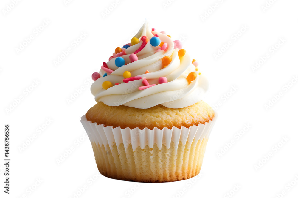 Single Vanilla Cupcake with White Frosting and Colorful Sprinkles Isolated on White for Dessert Concepts: Festive Treat Imagery: Cupcake, Vanilla, Isolated, White, Dessert, Sweet, Sprinkles, Frosting Single Vanilla Cupcake with White Frosting and Colorful Sprinkles Isolated on White for Dessert Concepts: Festive Treat Imagery: Cupcake, Vanilla, Isolated, White, Dessert, Sweet, Sprinkles, Frosting