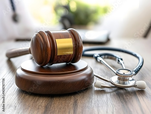 Wooden Judge Gavel and Stethoscope on Desk Medical Law Concept