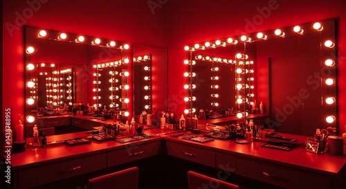 Glamorous Red Dressing Room: Mirrors, Lights, and Hollywood Style space stage makeup beauty design  