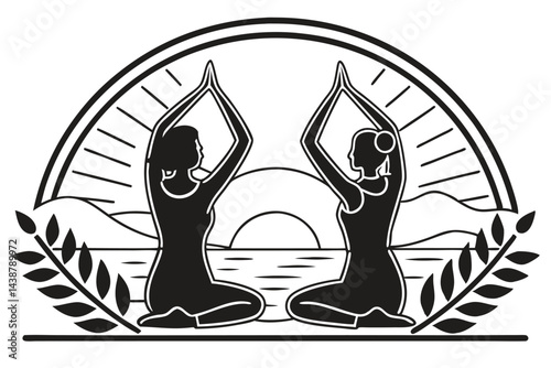 Black and White Yoga Illustration, Two Women in Meditation Pose at Sunrise over the Water, Framed by Laurel Branches.
