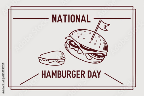 National Hamburger Day Illustration with Frame, Minimalist, Burger with Cheese and Flag for Food Celebration.