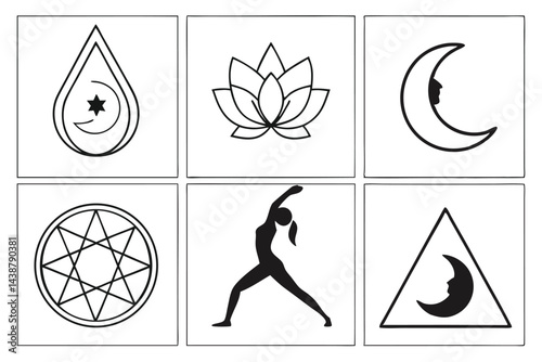 Vector Illustration with Yoga, Crescent Moon, Star, Water Drop and Lotus Flower, Symbolizing Spirituality and Wellbeing
