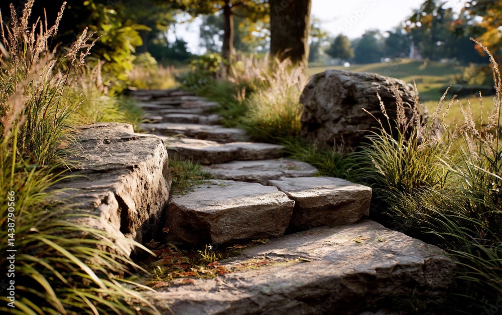 Fototapeta premium Stone path winding through grassy landscape