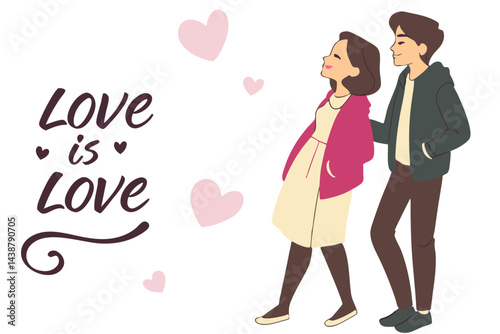 Cute Couple in Love, Celebrating Valentine's Day with a Romantic Outing, Expressing Love and Affection in Stylish Illustration.