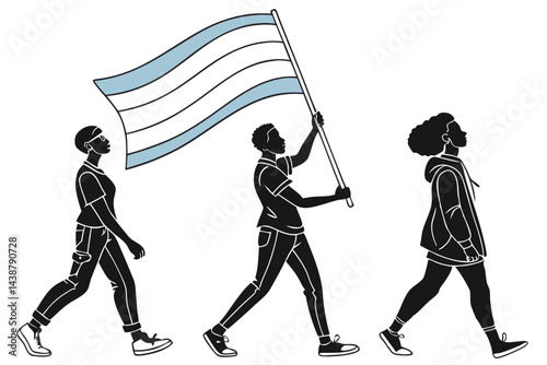 Silhouette Illustration of Diverse People Marching with a Flag, Representing Unity, Activism, and Social Justice in Vector Format.