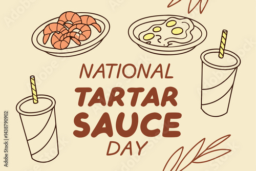 National Tartar Sauce Day Celebration with Seafood Dishes and Refreshing Drinks Illustration for Festive Banner.