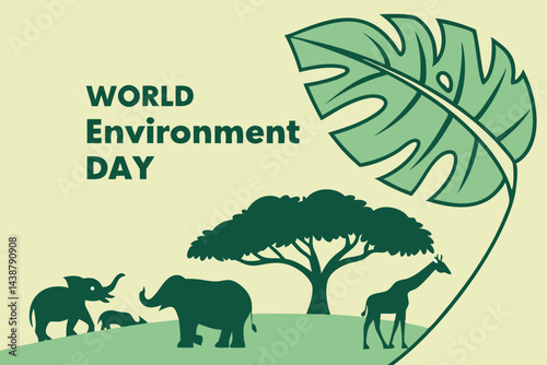 World Environment Day Illustration with Tropical Leaf, Animals, and Tree Silhouettes for Conservation Awareness and Ecological Sustainability.