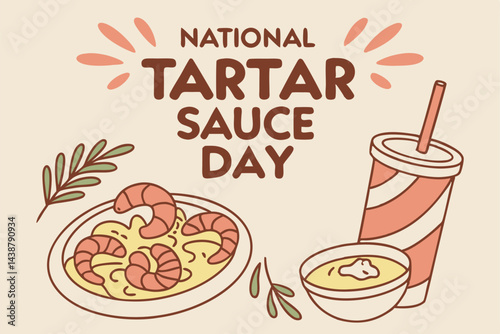 Celebrating National Tartar Sauce Day with shrimp cocktail and drink in trendy retro style.
