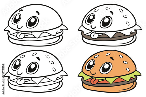 Cartoon Burger Character Vector Illustration with Line Art and Colored Versions, Ideal for Children's Books and Design Elements.