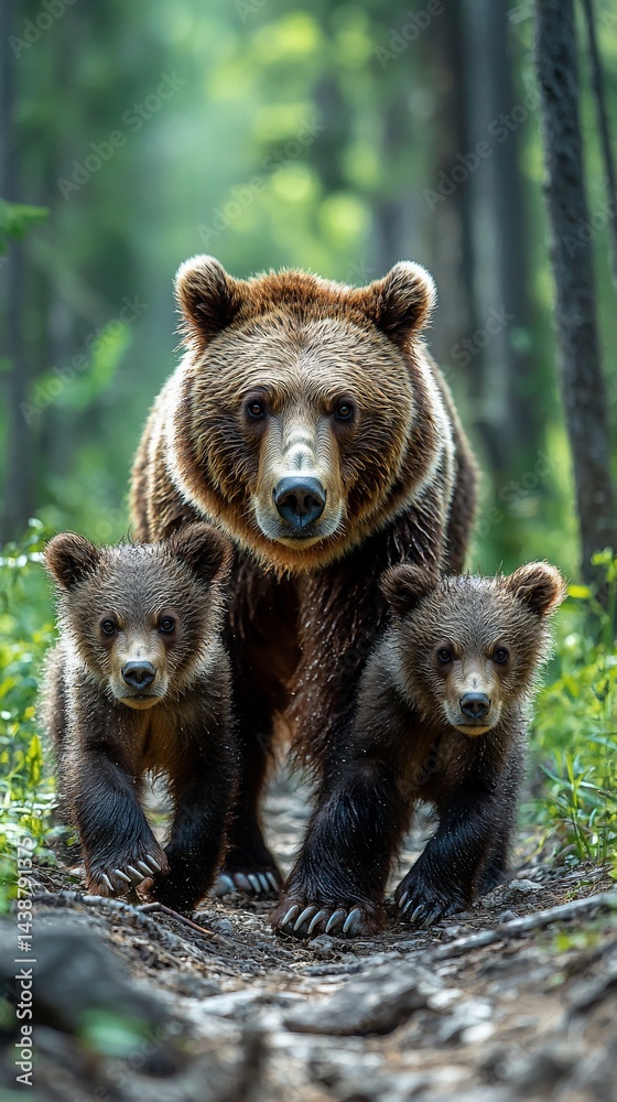 Fototapeta premium Brown bear family walking in forest