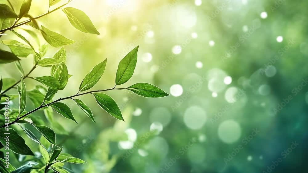 Sunlight dances through lush green leaves with gentle breeze and bokeh background