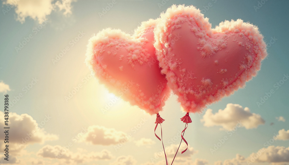 Pink heart-shaped balloons floating in sunny sky