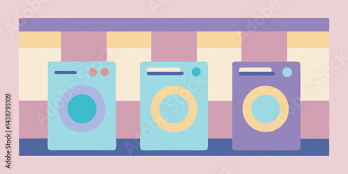 Cartoon Laundry Room with Pastel Machines Vector Illustration