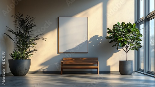 Modern lobby bench, plants, sunlight, blank poster