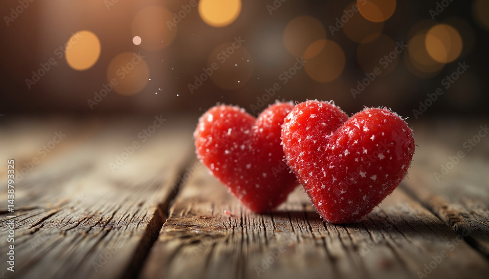 Red heart-shaped candies on wooden surface with bokeh