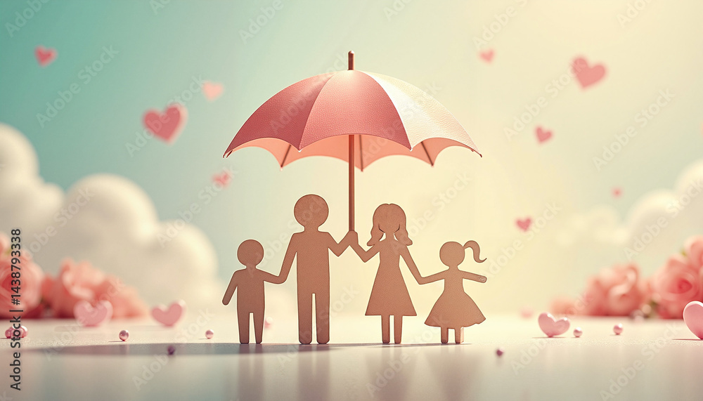 Family silhouette under umbrella with heart shapes