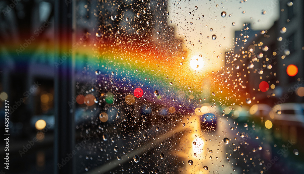Rainbow through rainy window with city lights at sunset