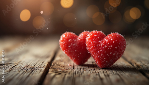 Obraz na płótnie Red heart-shaped candies on wooden surface with bokeh w salonie