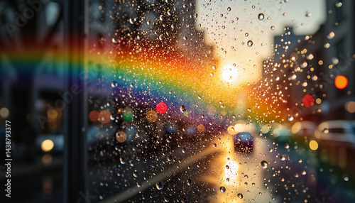 Obraz na płótnie Rainbow through rainy window with city lights at sunset w salonie