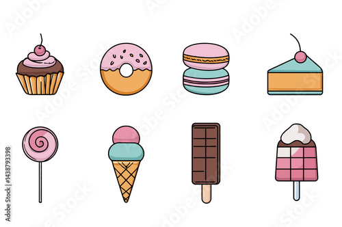 Delicious Sweet Treats Cupcake, Donut, Macaron, Cake, Lollipop, Ice Cream, Chocolate Bar, Popsicle Icons