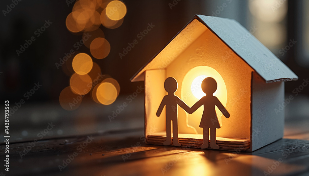 Illuminated house with paper couple silhouettes against bokeh