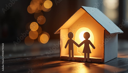 Obraz na płótnie Illuminated house with paper couple silhouettes against bokeh w salonie