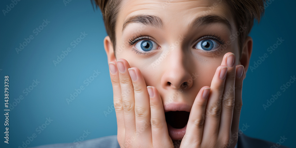 Überraschte junge Frau mit blauen Augen hält Hände vor Gesicht auf blauem Hintergrund