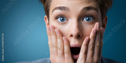 Obraz na płótnie Überraschte junge Frau mit blauen Augen hält Hände vor Gesicht auf blauem Hintergrund w salonie