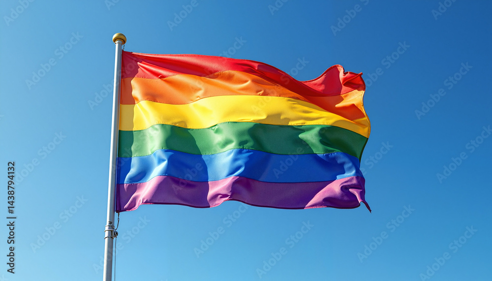 Rainbow flag waving against clear blue sky Rainbow flag waving against clear blue sky