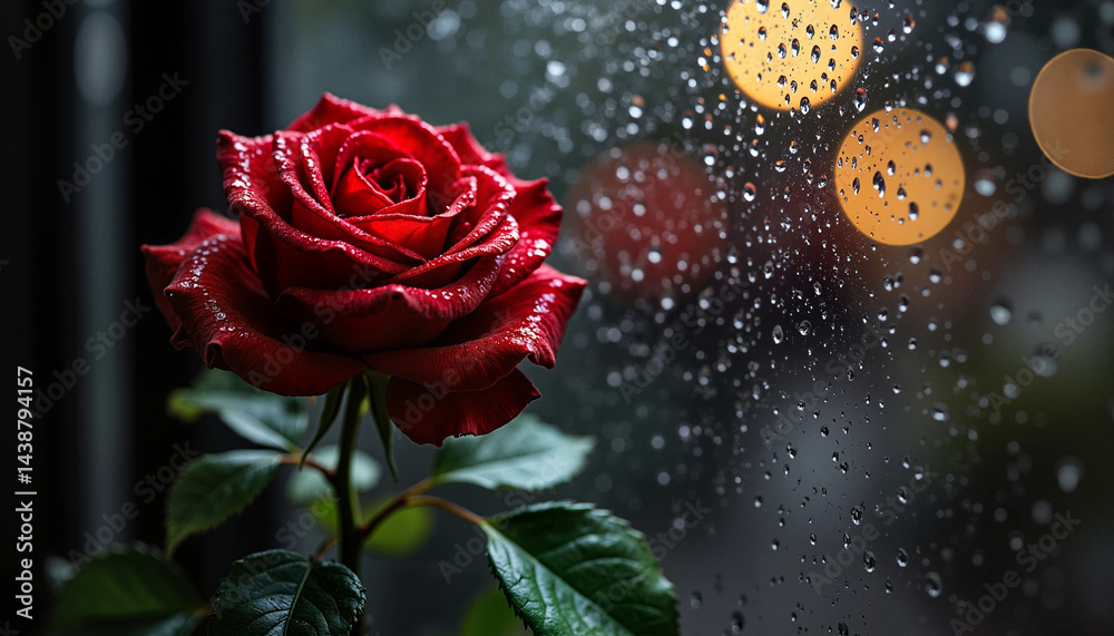 Red rose with water droplets against rainy window