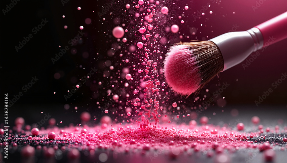 Makeup brush with pink powder explosion on dark background