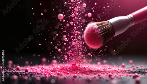 Obraz na płótnie Makeup brush with pink powder explosion on dark background w salonie