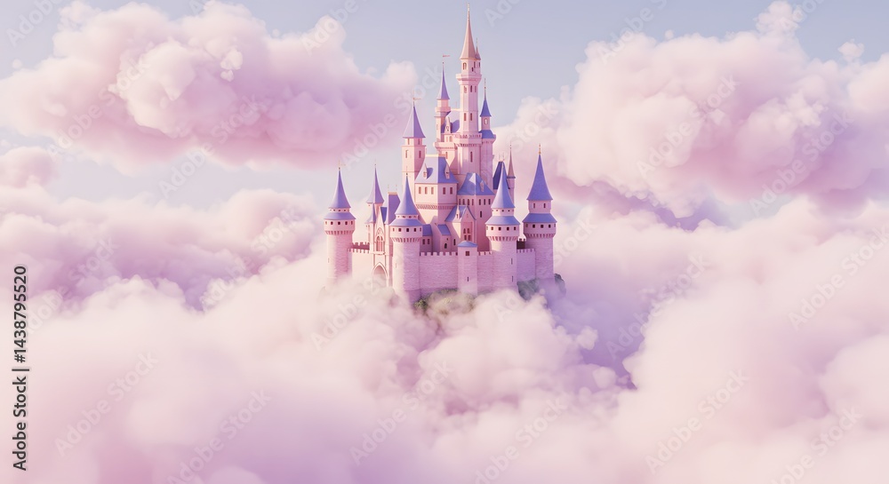 Naklejka premium A majestic pink castle floats gracefully among soft, pastel-colored clouds in the sky.
