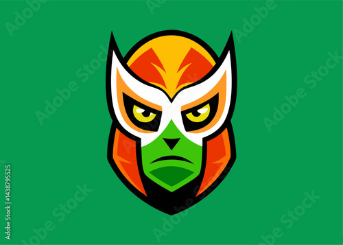 Masked Luchador Emblem: A striking emblem of a masked Luchador, a symbol of strength and valor, presented in bold colors against a vibrant green background. Embodying the spirit of a wrestler.