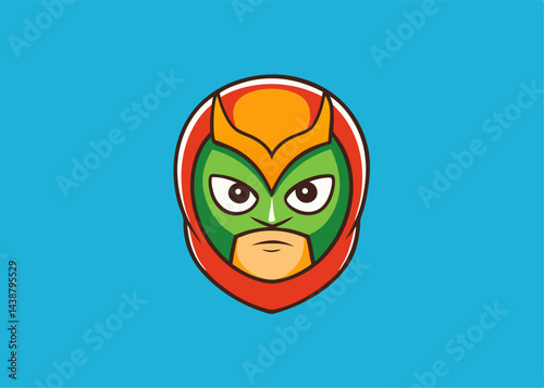 Masked Vigilante Portrait: A striking emblem of a masked hero with a determined gaze, the image showcases bravery and strength, with the hero's helmet centered against a bright blue background.