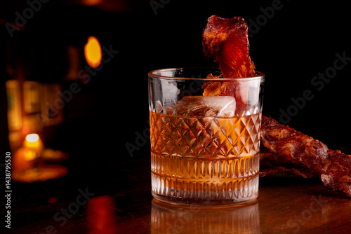 old fashioned smoked drink served with slice of bacon and fungus