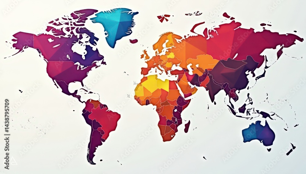 Obraz premium Geometric shaped map with bright colors and abstract patterns, modern art, patterned map, world geography