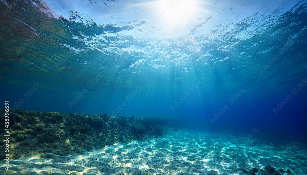 Fototapeta premium underwater background in clear blue ocean with sunbeams