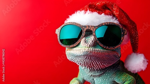 Merry Christmas concept holiday vacation winter animal pet greeting card - Cool chameleon with sunglasses and santa claus hat, isolated on red background