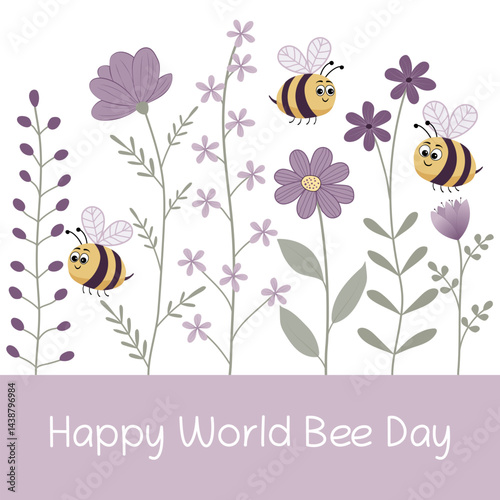 Happy World Bee Day - Schriftzug in englischer Sprache - Fröhlicher Weltbienentag. Quadratische Vektorgrafik mit niedlichen Bienen und violetten Blumen.