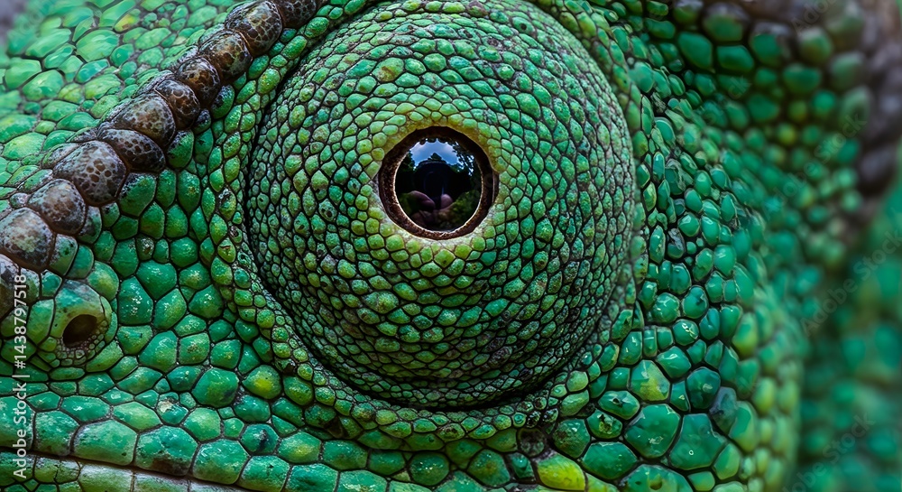 Obraz premium Striking close-up captures the mesmerizing eye and vibrant scales of a green chameleon.