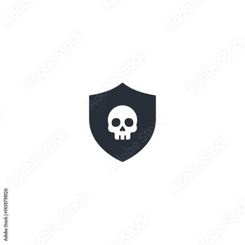 Flat vector icon of skull in shield, symbol of digital threat, virus, cyber attack, hacking, risk and cybersecurity in modern minimalist style.