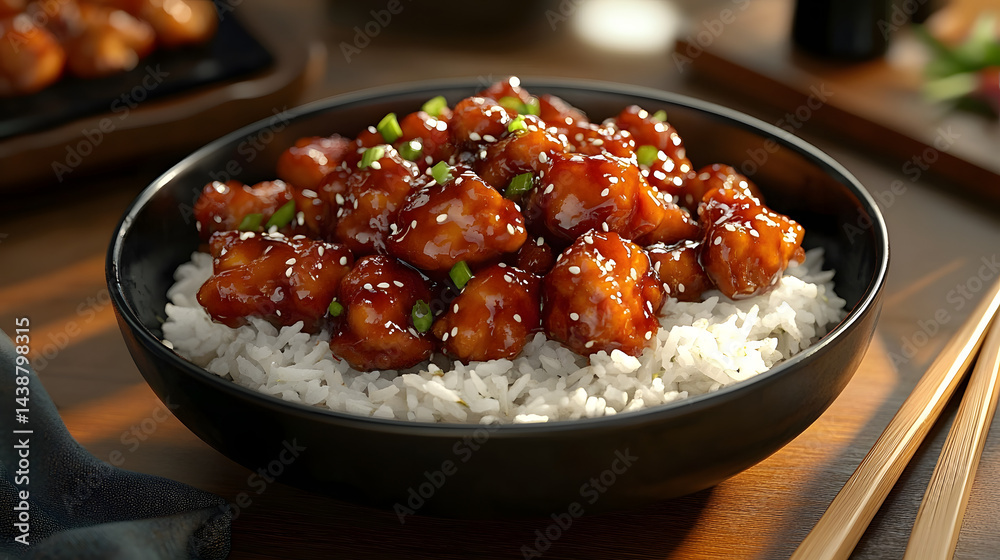 Fototapeta premium Delicious general tso's chicken with steamed rice - asian cuisine delight