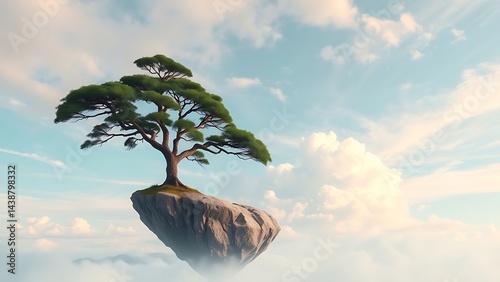 Surreal Floating Islands: Dreamlike Serenity Landscape, Abstract Art Background sky calm trees rocks
