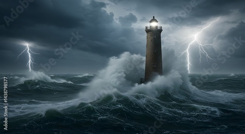 A dramatic scene of a lighthouse amid a violent storm at sea with lightning strikes.