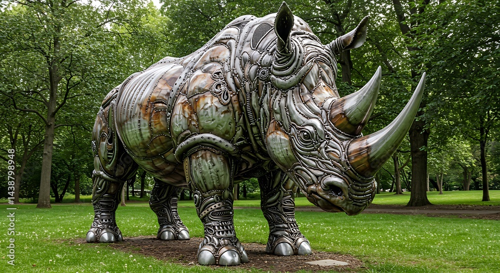 Fototapeta premium Metal Rhino Sculpture: Intricate Details, Dynamic Pose. A vibrant, artistic masterpiece showcasing 