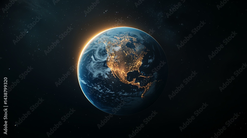 Fototapeta premium Astrophotography, Planets, Composition, Stunning View of Earth from Space at Night with Glowing City Lights