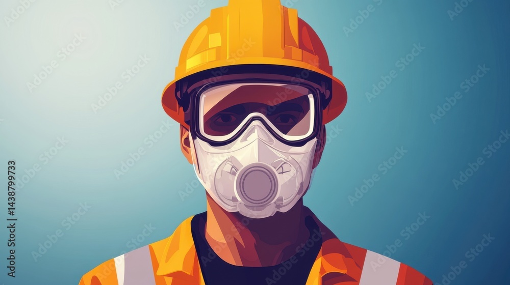 Construction Worker in Safety Gear with Respirator and Hard Hat