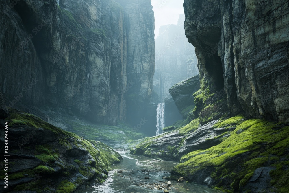 Fototapeta premium Misty mountain gorge with mossy rocks and waterfall